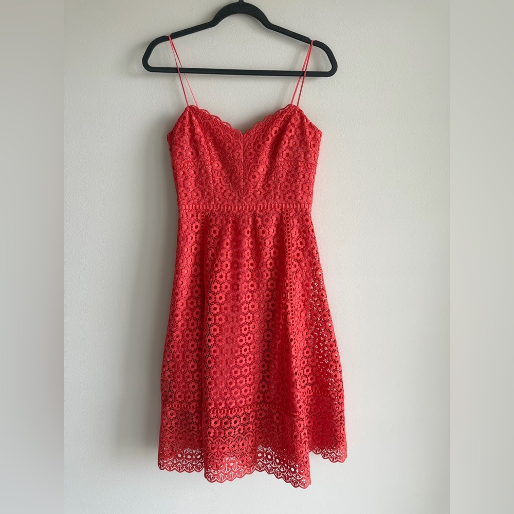 J Crew Daisy Lace Dress XS 00 Orange Coral Midi Fit Flare Sleeveless wedding - Picture 3 of 16